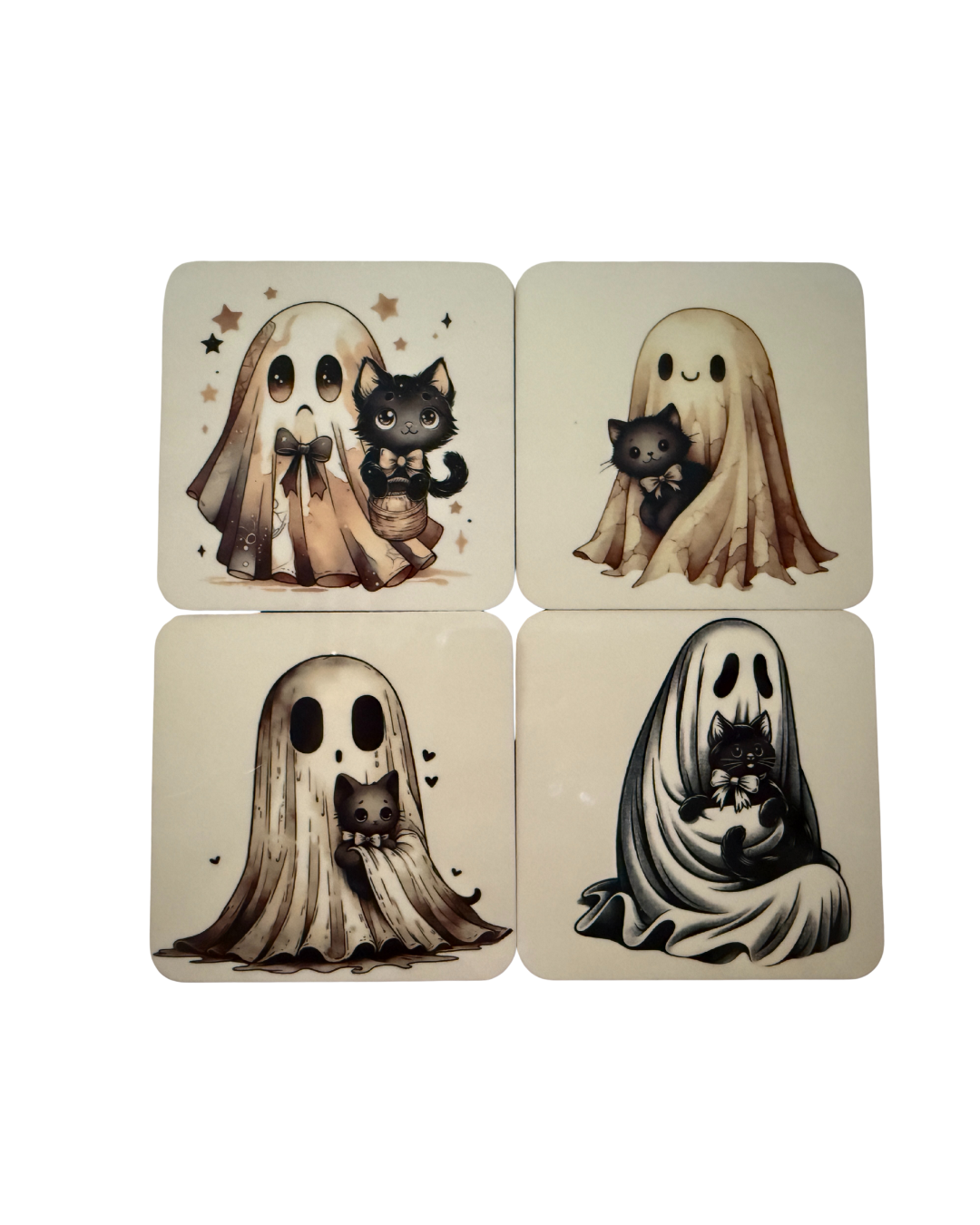 Spooky + Whiskers Coaster Set – 4-Piece Spooky Cute Drink Coasters