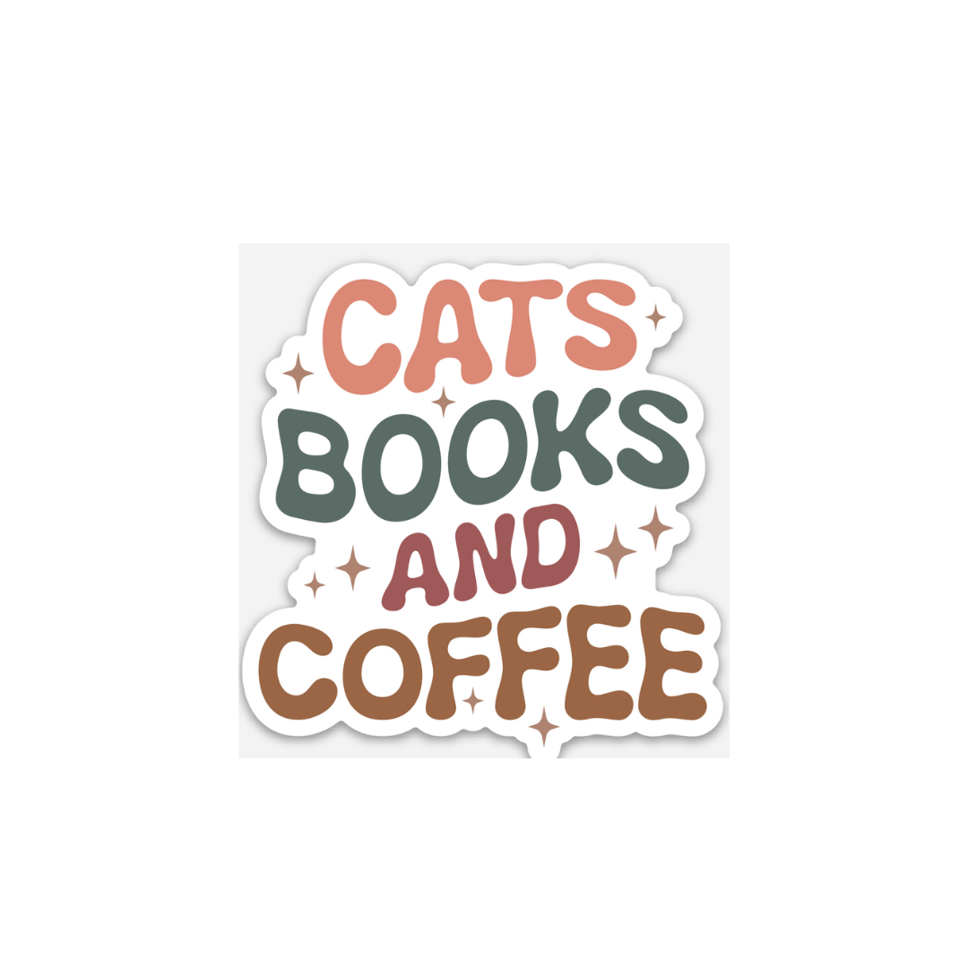 Cats, Books, and Coffee Sticker – The Holy Trinity of Relaxation
