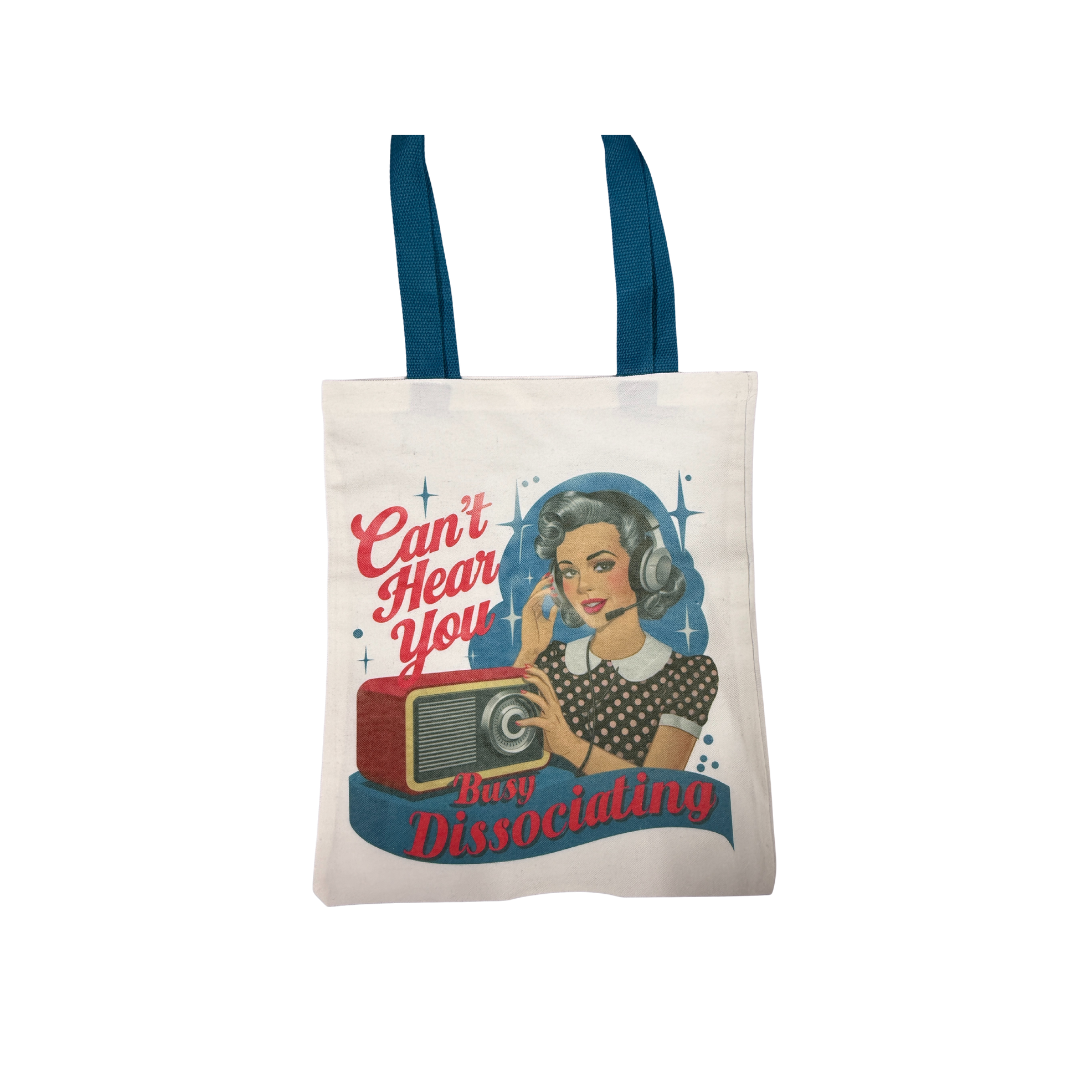 Retro "Can’t Hear You, Busy Dissociating" Canvas Tote Bag | 14x13 Inches