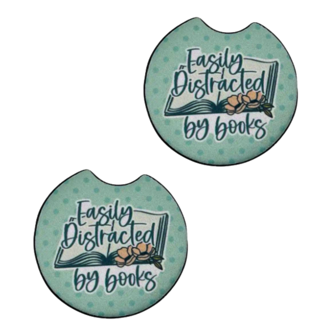 Easily Distracted by Books Car Coaster Set of 2
