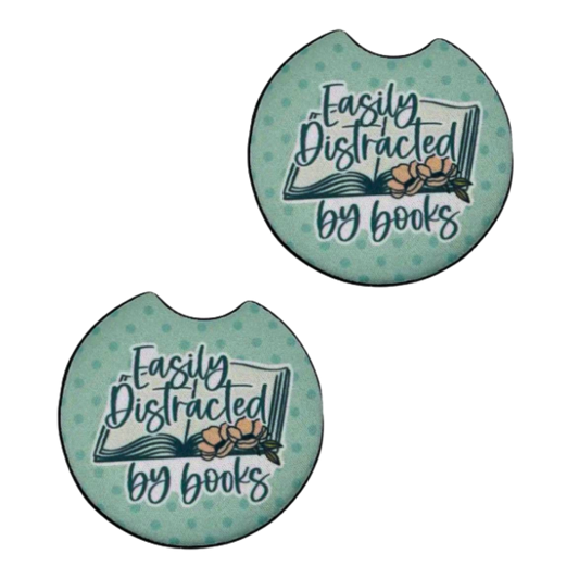 Easily Distracted by Books Car Coaster Set of 2