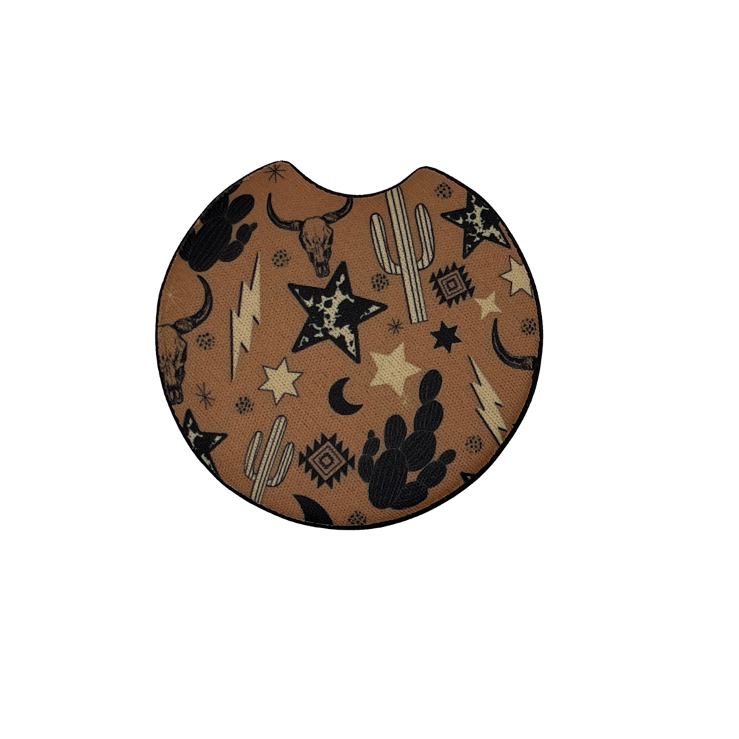 Western-Themed Car Coaster – Cactus, Cow Skulls, Stars, and Lightning | Car Coaster Set of 2