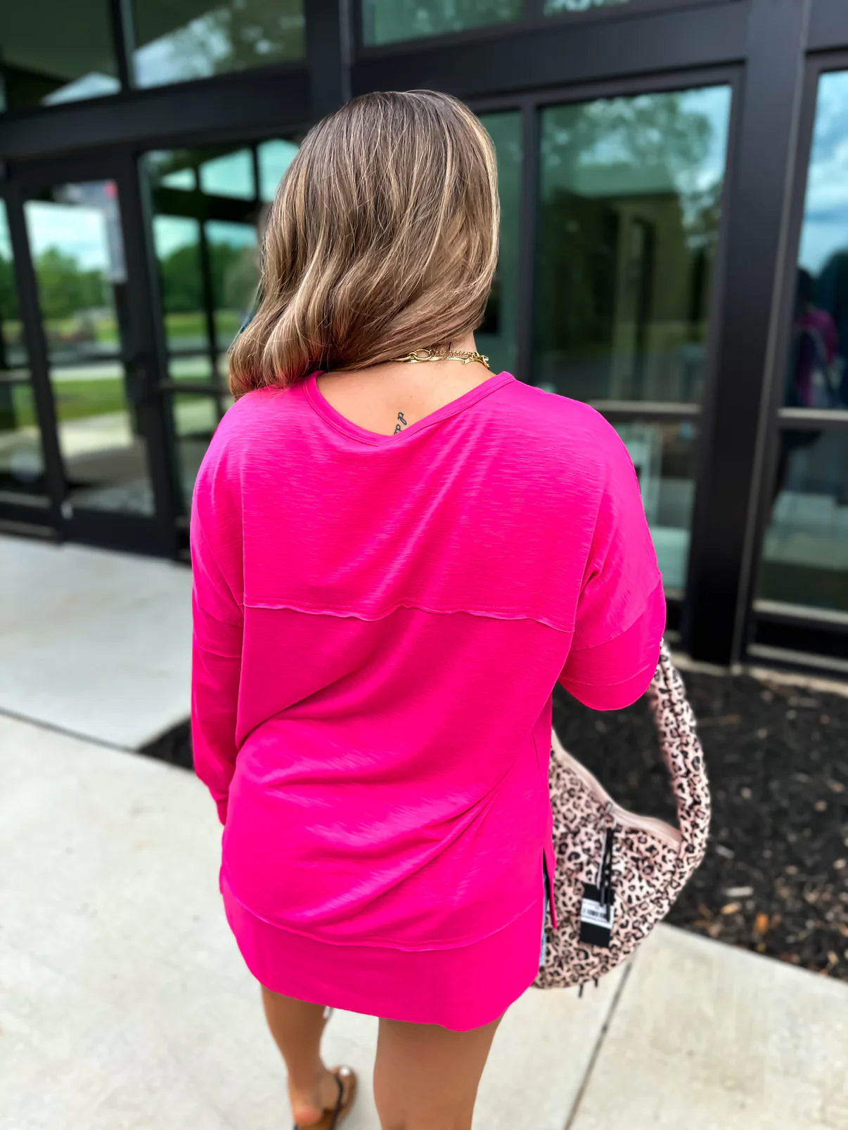 Vibrant Pink Slub Knit Long Sleeve Top | Relaxed Fit Casual Essential