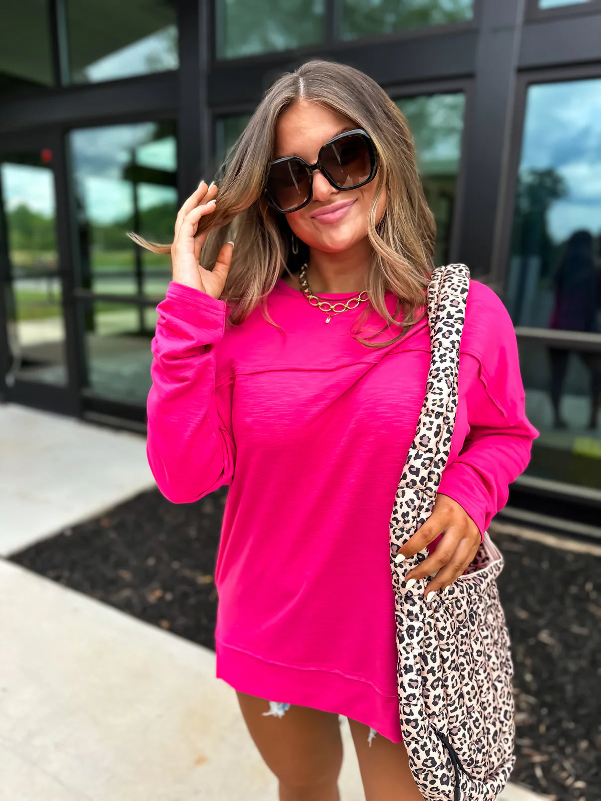 Vibrant Pink Slub Knit Long Sleeve Top | Relaxed Fit Casual Essential