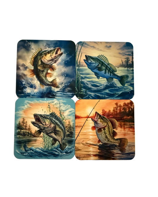 Bass Fishing Coaster Set – 4-Piece Waterproof Drink Coasters