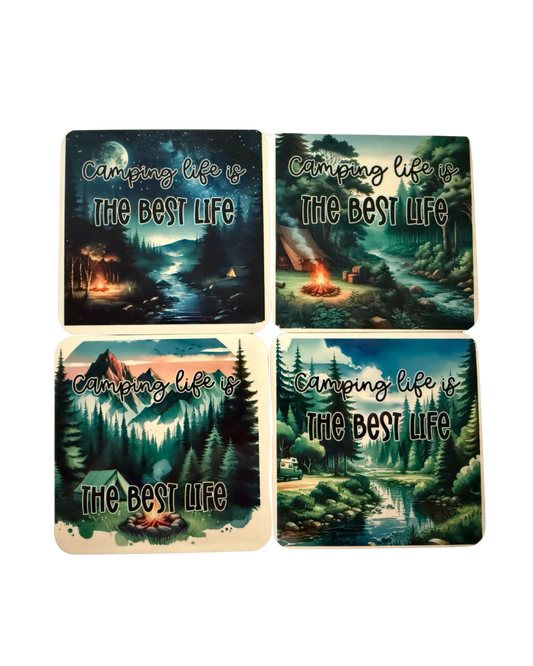 Camping Adventure Coaster Set – 4-Piece Outdoor-Themed Drink Coasters