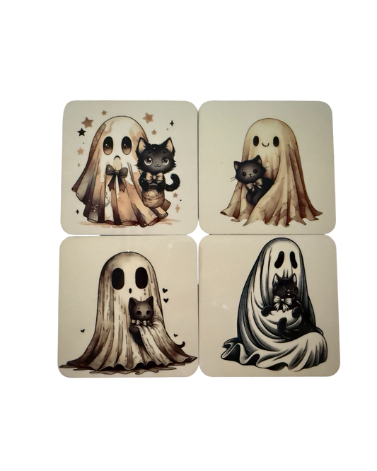 Spooky + Whiskers Coaster Set – 4-Piece Spooky Cute Drink Coasters
