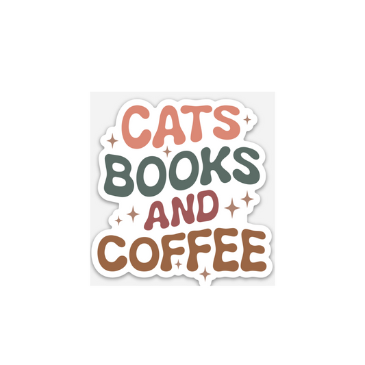 Cats, Books, and Coffee Sticker – The Holy Trinity of Relaxation