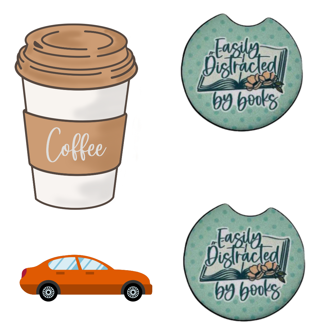 Easily Distracted by Books Car Coaster Set of 2