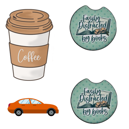 Easily Distracted by Books Car Coaster Set of 2