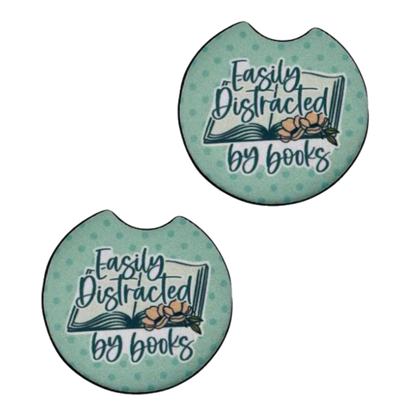Easily Distracted by Books Car Coaster Set of 2