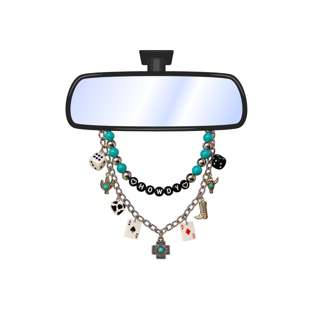 Howdy Western Rearview Mirror Car Charm – Turquoise & Silver