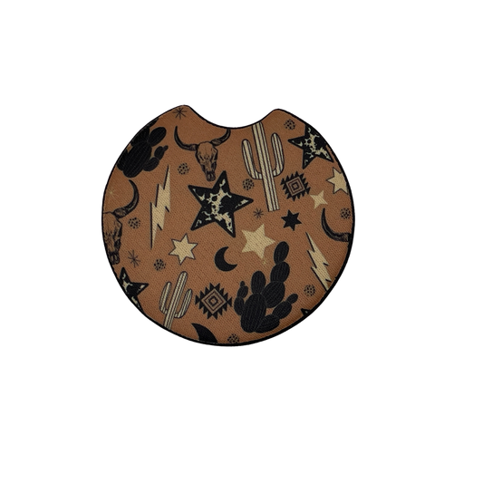 Western-Themed Car Coaster – Cactus, Cow Skulls, Stars, and Lightning | Car Coaster Set of 2