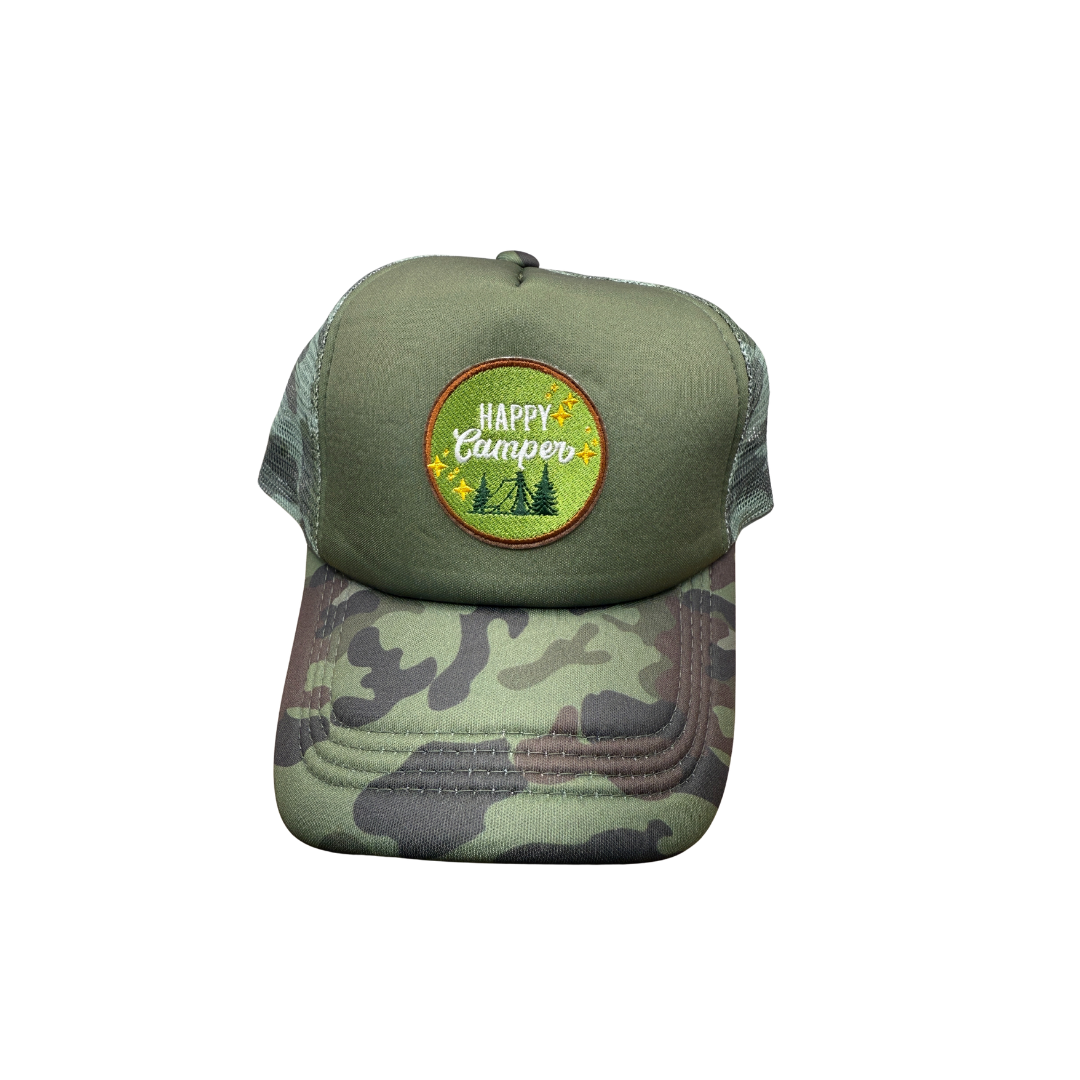 Camo Trucker Hat with “Happy Camper” Patch | Outdoor Adventure Cap
