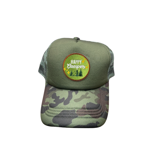 Camo Trucker Hat with “Happy Camper” Patch | Outdoor Adventure Cap