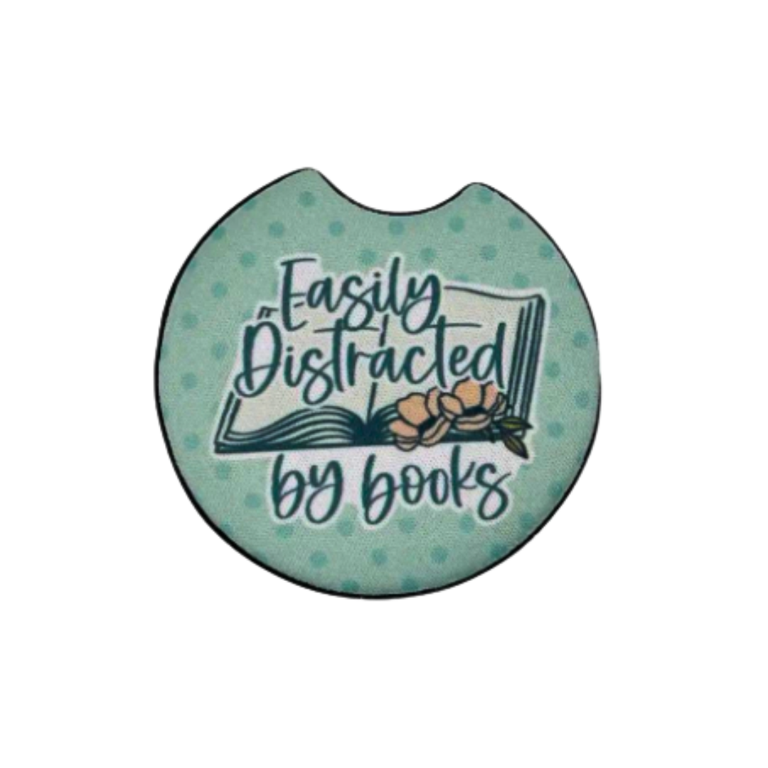 Easily Distracted by Books Car Coaster Set of 2
